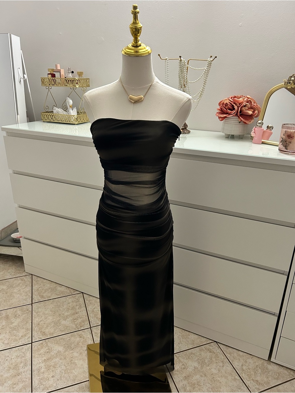 Zara Black Strapless Sheer-Waist Maxi Dress
